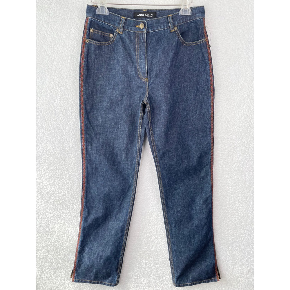 Anne Klein New York Womens Dark Wash Embroidered Straight Leg Jeans Size 8